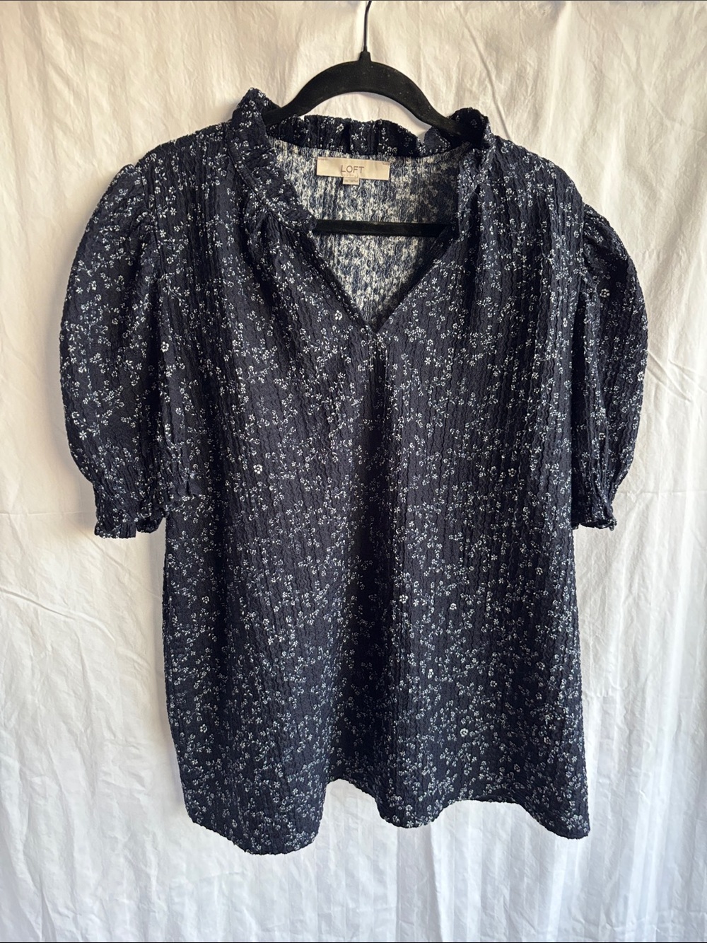 LOFT Navy & White Floral Puff Sleeve Peasant Blouse